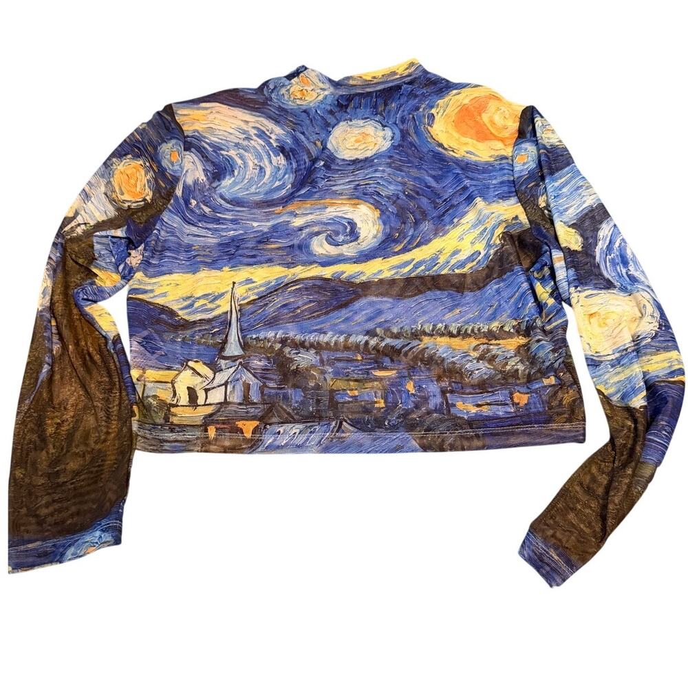 Van Gogh Starry Night Sheer Mesh Long Sleeve Top L Mock Neck Art Print